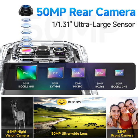 Tough As Nails Unlocked Rugged Smartphone With 64MP Night Vision And 50MP Wide Lens showing camera details and colorful sensors.