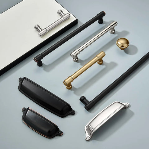 Assorted cabinet knobs and pulls including a round bronze zinc knob with gold finish, part of Ten Pack One And A Quarter Inch Round Bronze Zinc Cabinet Knobs And Drawer Pulls With Gold Finish Ideal For Kitchen Cabinets Dresser Dressers Wardrobes Closets And Cupboards Durable Hardware For Update Or Renovation set.