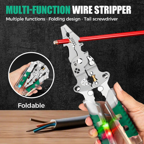 All In One 18 In 1 Foldable Wire Stripper With Voltage Detector held by hand, showcasing multi-function capabilities.