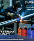 Welder using High Precision Metal Pipe Cutting Guide Kit with Magnetic Saddle Template for precise cuts on steel pipe.