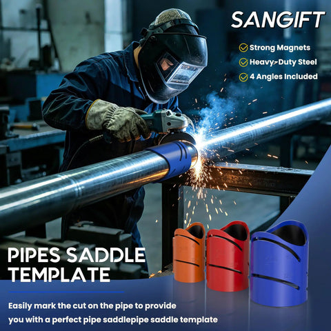 Welder using High Precision Metal Pipe Cutting Guide Kit with Magnetic Saddle Template for precise cuts on steel pipe.