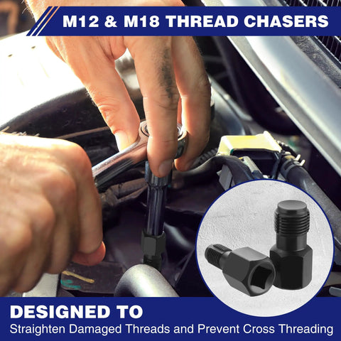 Hand using 7Pc O2 Oxygen Sensor Socket Set for Auto Repairs with M12 and M18 thread chasers in engine bay.