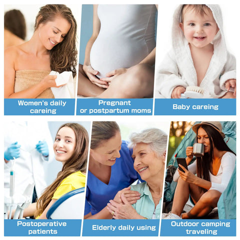Collage showing uses: women hygiene, pregnancy care, baby care, postoperative care, elderly care, and camping use.