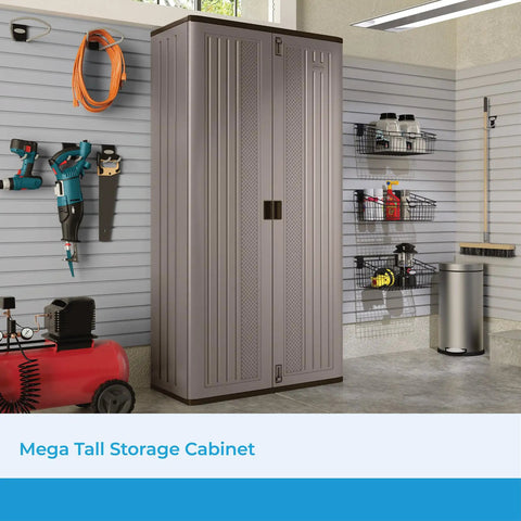 Mega Tall 31 Cubic Feet Garage Storage Cabinet With 3 Adjustable Shelves And Lockable Doors In Platinum Metallic And Slate Durable Resin Organizer For Basement Or Garage in corner of organized garage