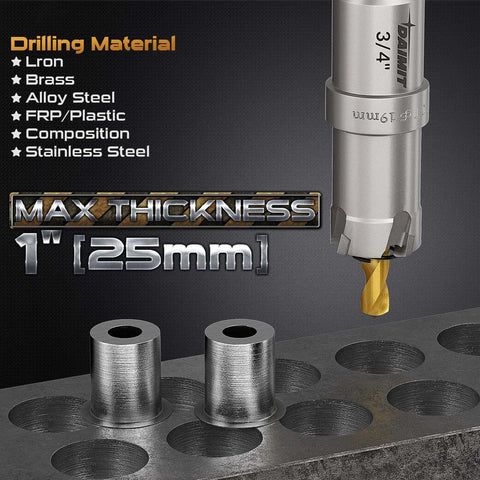 DAIMIT 19-pc TCT hole saw kit front view with two metal hole saws and a drill bit visible