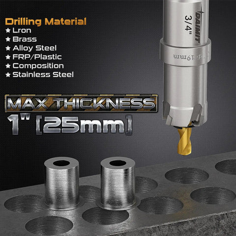 Heavy Duty TCT Hole Saw Kit With 14 Pcs Pro Grade Tungsten Carbide Bits for metal showing drill in stainless steel