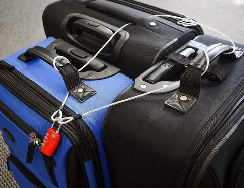 Outdoor Travel Security Cable Lock 3mm Braided Steel Wire Rope With Double Loop 3.3ft securing black and blue luggage