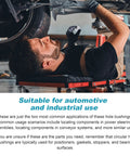 Mechanic working under vehicle, illustrating use of two piece one and one quarter inch bore shaft collars zinc plated solid steel with set screws two inch outer diameter eleven sixteen inch wide includes hex wrench for wheelbarrow axles gearbox assemblies machine tools industrial use