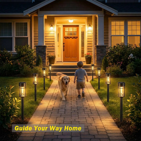 Eight Pack Solar Pathway Lights Outdoor Waterproof 21 Inch Metal And Glass Landscape Driveway Garden Path Lights illuminating walkway