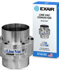 No Hassle Industrial Line Vac Pump Moves Scrap Parts And Bulk Material Fast With Straight 4 Inch Hose Connection High Output Pneumatic Vacuum Generator Quick Plug And Play Setup, showing aluminum body and packaging.