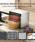 Eight Tray Stainless Steel Food Dehydrator With Digital Timer And Precise Temperature Control Auto Shut Off Ultra Quiet 650W Motor, trays filled with fruits.