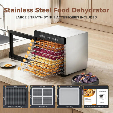 Eight Tray Stainless Steel Food Dehydrator With Digital Timer And Precise Temperature Control Auto Shut Off Ultra Quiet 650W Motor, trays filled with fruits.