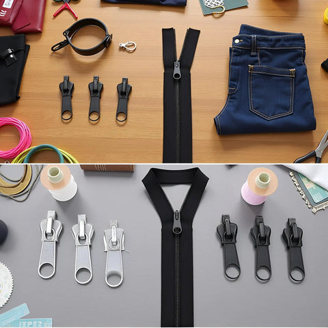 6Pcs Black Universal Instant Fix Zipper Repair Kit With Replacement Zip Sliders for quick fixes on crafts and clothing.