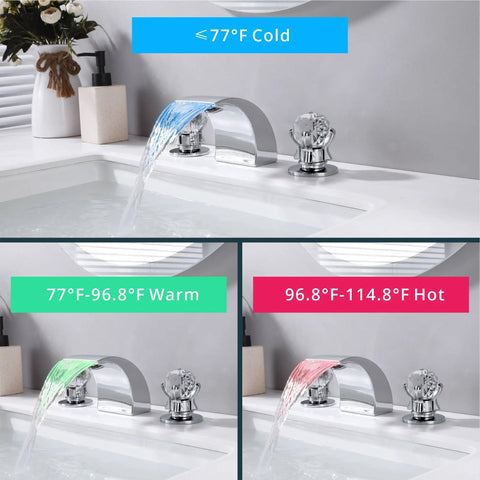LED Waterfall Bathroom Faucet With Temperature Sensitive Light, 8 Inch Widespread 3 Hole Vanity Tap, Polished Chrome showing color change