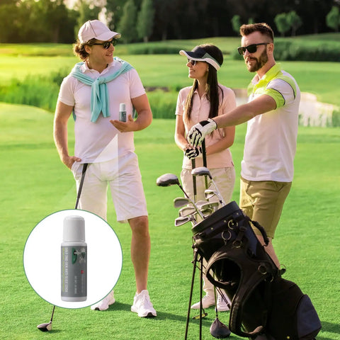 Golfers on a course discussing the Two Pack Golf Anti Slice Gel Sticks 2.2 Oz Real Time Swing Feedback For Driver Irons Woods And Hybrids