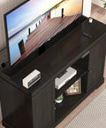 Hidden Motorized TV Lift Cabinet for 55-65 inch Televisions with storage, remote control, walnut finish, shown with TV partially lifted.