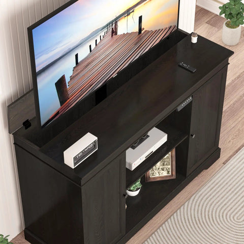 Hidden Motorized TV Lift Cabinet for 55-65 inch Televisions with storage, remote control, walnut finish, shown with TV partially lifted.