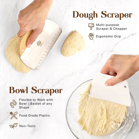 All In One Sourdough Bread Proofing Kit With Lame Danish Whish Bowl And Dough Scraper Two Slings And Baking Mat Complete Starter Set For Home Bakers And Weekend Kitchen Pros showing dough scraper in use with dough