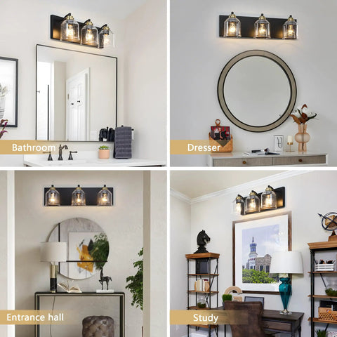 24 Inch Vanity Light With Black And Gold Finish, Three Light Over Mirror Bathroom Fixture With Clear Glass Shade, Modern Brushed Wall Sconce For Dressing Room And Hallway, Lit And Stylish