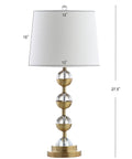 Clear Brass Gold Crystal LED Table Lamp with White Linen Drum Shade, Modern Stacked Sphere Design, 27.5 inches tall
