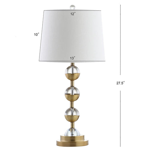 Clear Brass Gold Crystal LED Table Lamp with White Linen Drum Shade, Modern Stacked Sphere Design, 27.5 inches tall
