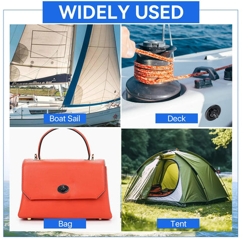 Lainballow 40-set twist lock fasteners for marine use; collage shows boat sail, deck winch with rope, orange bag, and green tent.