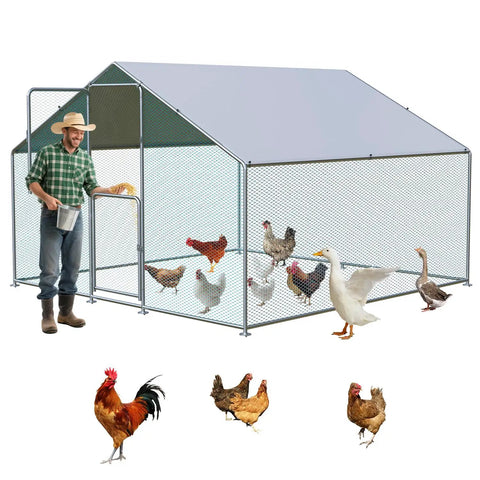 Farmer next to Spacious Outdoor Metal Chicken Coop Run With Waterproof UV Cover Double Lockable Doors For 10 To 30 Chickens Ducks Or Rabbits 9.8 By 7 By 7 Feet Backyard Poultry Enclosure
