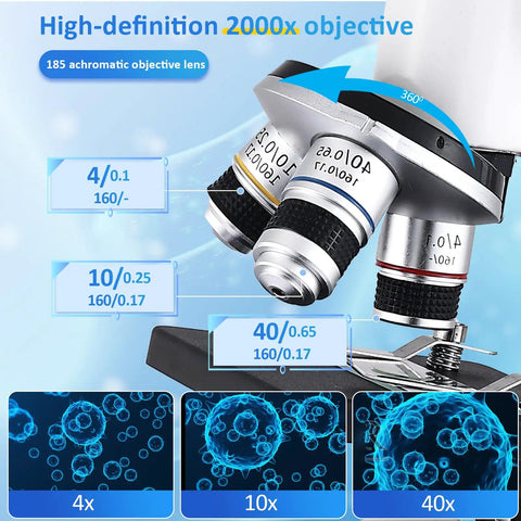 Detailed view of Kids Microscope With 40X To 2500X Magnification, showing 4x, 10x, 40x objectives for crystal clear imaging.