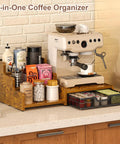 All In One Coffee Station Organizer With K Cup Holder And 28 Cup Capacity, Three Tier Syrup Rack And Drawer, Rustic Brown on countertop