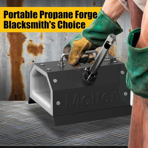 Portable One Burner Propane Forge For Blacksmithing And Knife Making, Heats Up To 2600 F, seen held by gloved hands