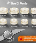 Watch Press Tool Set Back Case Closer For Closing The Back Cover And Battery Replacement Opener Remover Repair Kit For Round Dial Watches 22mm Through 42mm Pry Opening Case Back shown with mold sizes.
