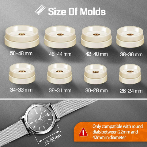 Watch Press Tool Set Back Case Closer For Closing The Back Cover And Battery Replacement Opener Remover Repair Kit For Round Dial Watches 22mm Through 42mm Pry Opening Case Back shown with mold sizes.