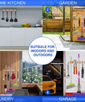 Orange Stainless Steel Broom Mop Holder Wall Mount Organizer with 3 Heavy Duty Racks and 4 Hooks in kitchen, garden, laundry, garage settings.