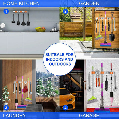Orange Stainless Steel Broom Mop Holder Wall Mount Organizer with 3 Heavy Duty Racks and 4 Hooks in kitchen, garden, laundry, garage settings.