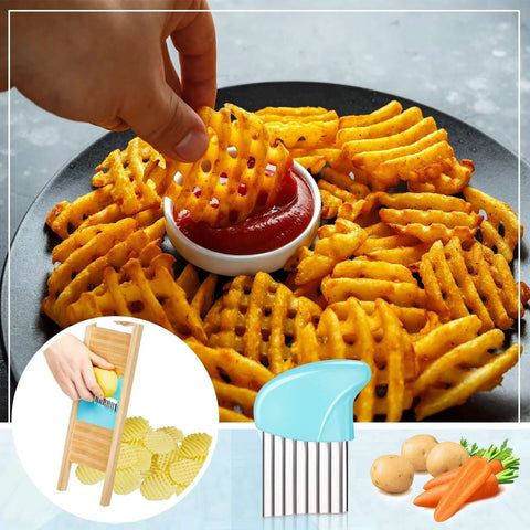 Two-piece blue wave waffle crinkle cutter set for potatoes; stainless steel blades for crinkle fries