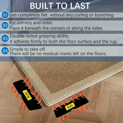 12 Pack Double Sided Rug Tape With Corner Grippers, Washable Non Slip Rug Pads illustrated under a rug corner.