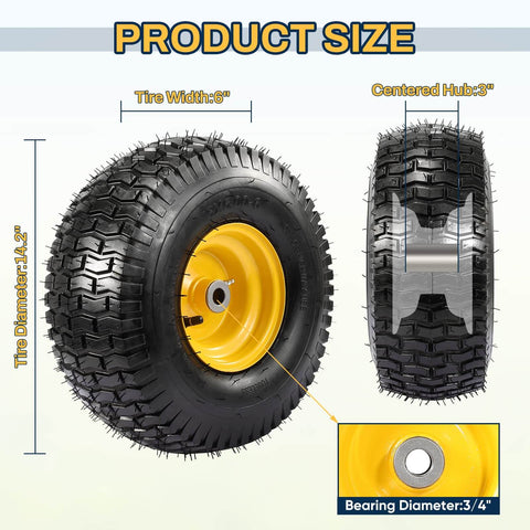 Side and front view of Two Pack 15x6-6 Tire And Wheel Assembly For Riding Lawn Mowers, Beefy Heavy Duty 4 Ply Tubeless Tires, 500 Lb Capacity, 3 Inch Centered Hub, 3/4 Inch Bushing, Replacement Set For Lawn Tractors And Garden Tractors.