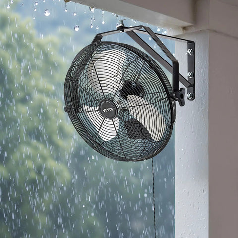 Beefy 14 Inch Industrial Wall Mount Fan With High Velocity Airflow 2473 CFM IP44 Waterproof Outdoor Wall Fan With Aluminum Blades 3 Speed Control Perfect For Workshop Warehouse Garage Greenhouse Cooling installed outdoors in rain