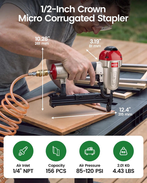 Heavy Duty Micro Corrugated Stapler With Half Inch Crown Accepts Quarter To Five Eighths Inch Legs And Boasts A Knucklehead Proof Safety Lever Plus Easy Dial Depth Control For Any No Sweat Diy Build