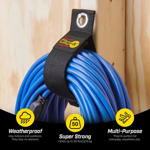 Beefed-Up 17-Inch Storage Straps Pack of 6 for Cords Hoses Ropes and Cables shown holding a blue extension cord on wall.