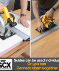 User operating a Heavy Duty 50 Inch Clamp Guide Track For Circular Saws with quick adjustment, cutting plywood on a work surface.
