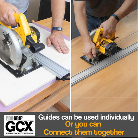 User operating a Heavy Duty 50 Inch Clamp Guide Track For Circular Saws with quick adjustment, cutting plywood on a work surface.