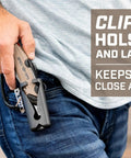Self Retracting Box Cutter With Radius Tip Blade And Adjustable Depth, Dual Edge Guides For Quick Top Cuts, Includes Holster And Lanyard clipped to jeans holster