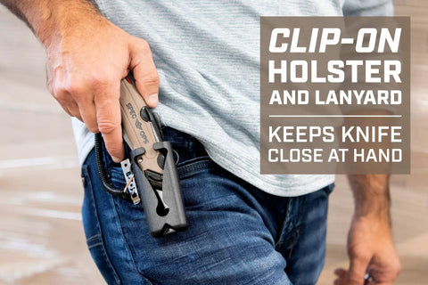 Self Retracting Box Cutter With Radius Tip Blade And Adjustable Depth, Dual Edge Guides For Quick Top Cuts, Includes Holster And Lanyard clipped to jeans holster