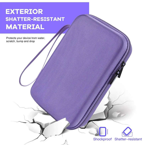 Kickass Travel Tech Organizer Case For Cables Chargers Power Bank And Storage Drives Waterproof Shockproof Hard Shell Laptop Accessory Bag in purple, shatter-resistant material.
