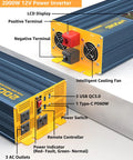 2000W 12V Power Inverter showing LCD display, cooling fans, terminals, 3 AC outlets, USB ports, and power switch. Super Heavy Duty 2000 Watt Pure Sine Wave Power Inverter Dc 12 To 120 Volt Ac With Hella Fast Charging Usb C Ports And Three Ac Outlets Ideal For Rv Truck Camper Or Home Setup.