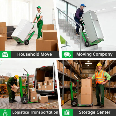 Heavy Duty Electric Stair Climbing Hand Truck With Upgraded Tracks And Height Adjustable Tray For Efficient One Person Lifting, 900lbs Capacity Lithium Battery Trolley Includes Safety Rope For Warehouse Moves in use for household move, moving company, logistics transportation, and storage center.