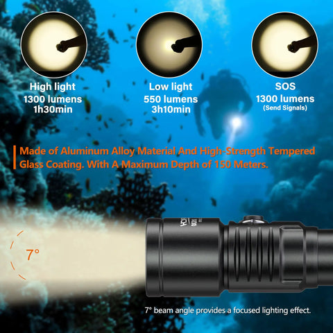 D530 1300 Lumen Titanium Dive Light With IP68 Waterproof Build showing 7° spot beam underwater