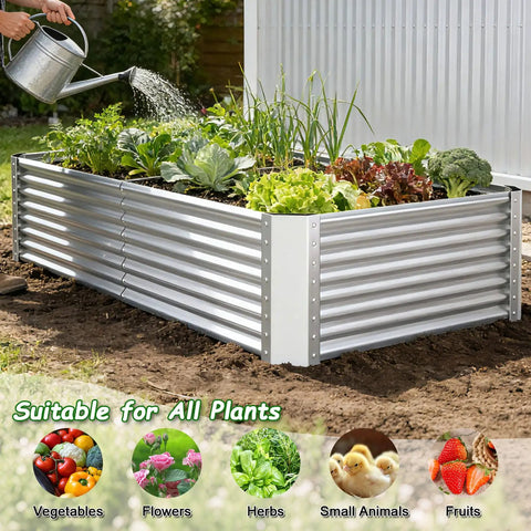 Tall Galvanized Raised Garden Bed Kit For Outdoor Patio 6x3x2ft Deep Root Planter Boxes No Bend Elevated Metal Garden Beds For Vegetables Flowers And Herbs 1 Pack Silver, filled with plants and being watered.