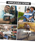 Collage of four biking scenes: repair shop work, father and son fixing bike at home, bike shop interaction, cyclist on road.